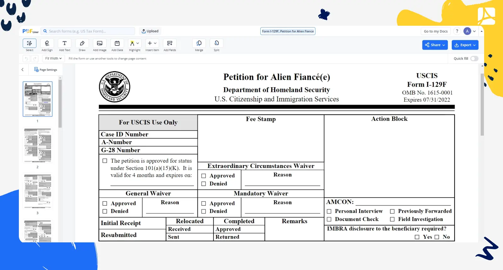 Form I-129F, Petition for Alien Fiance screenshot