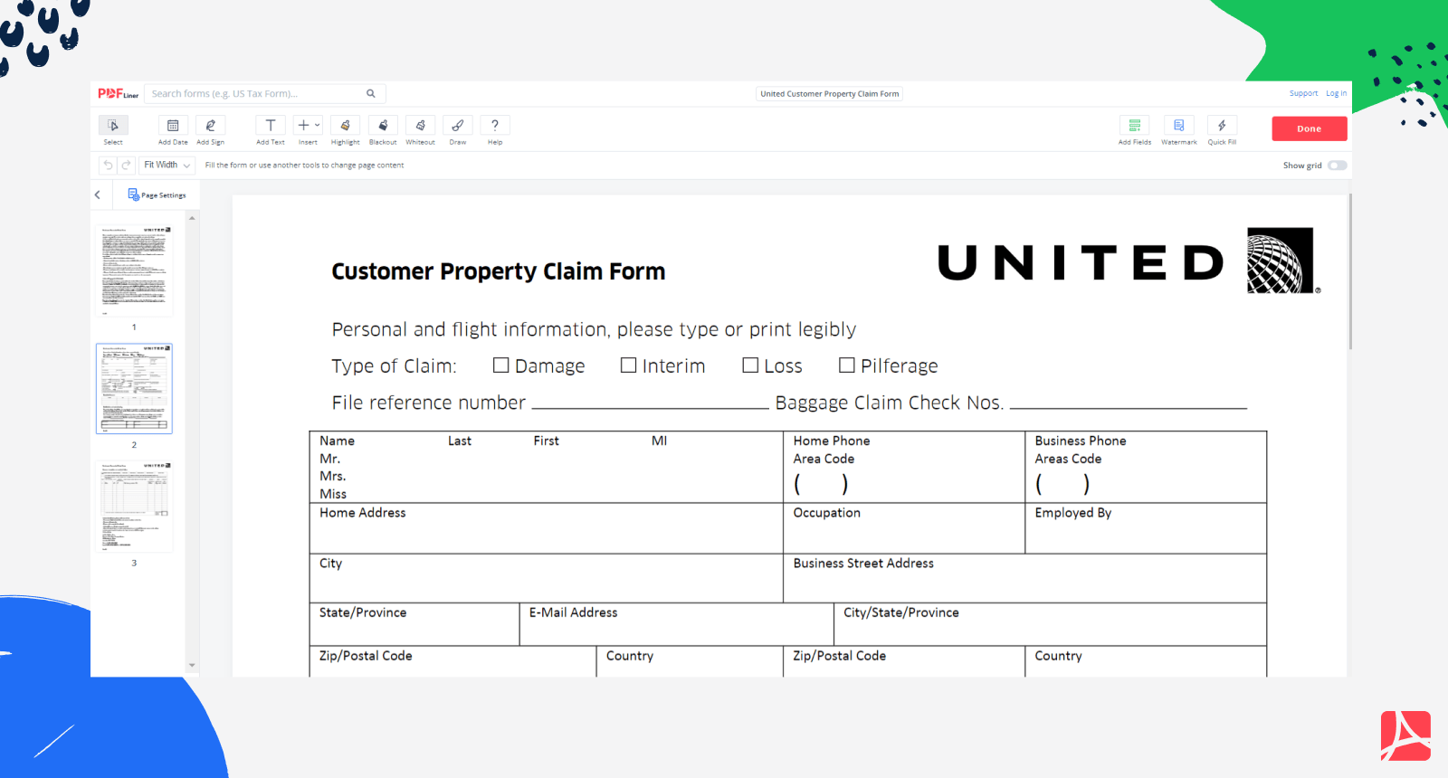 United Customer Property Claim Form on PDFLiner