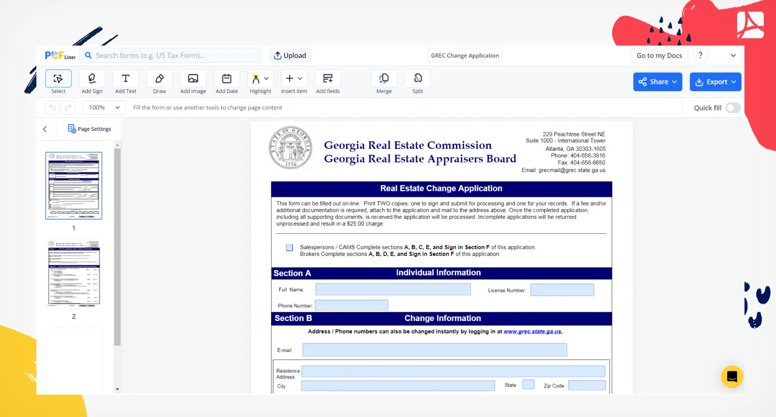 GREC Change Application Form Screenshot