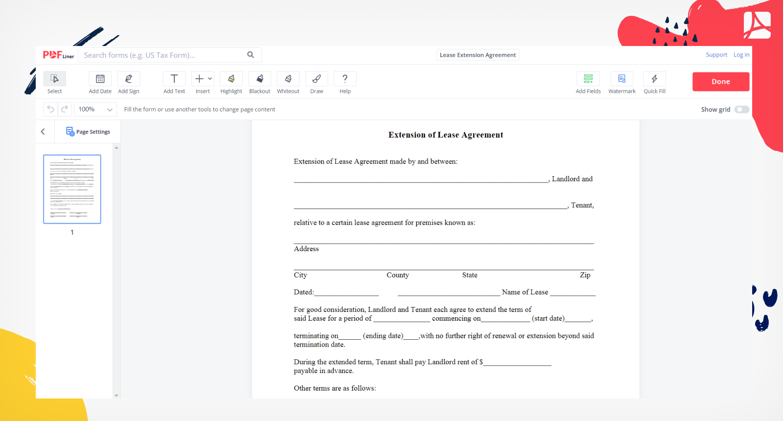 Lease Extension Agreement Form Screenshot