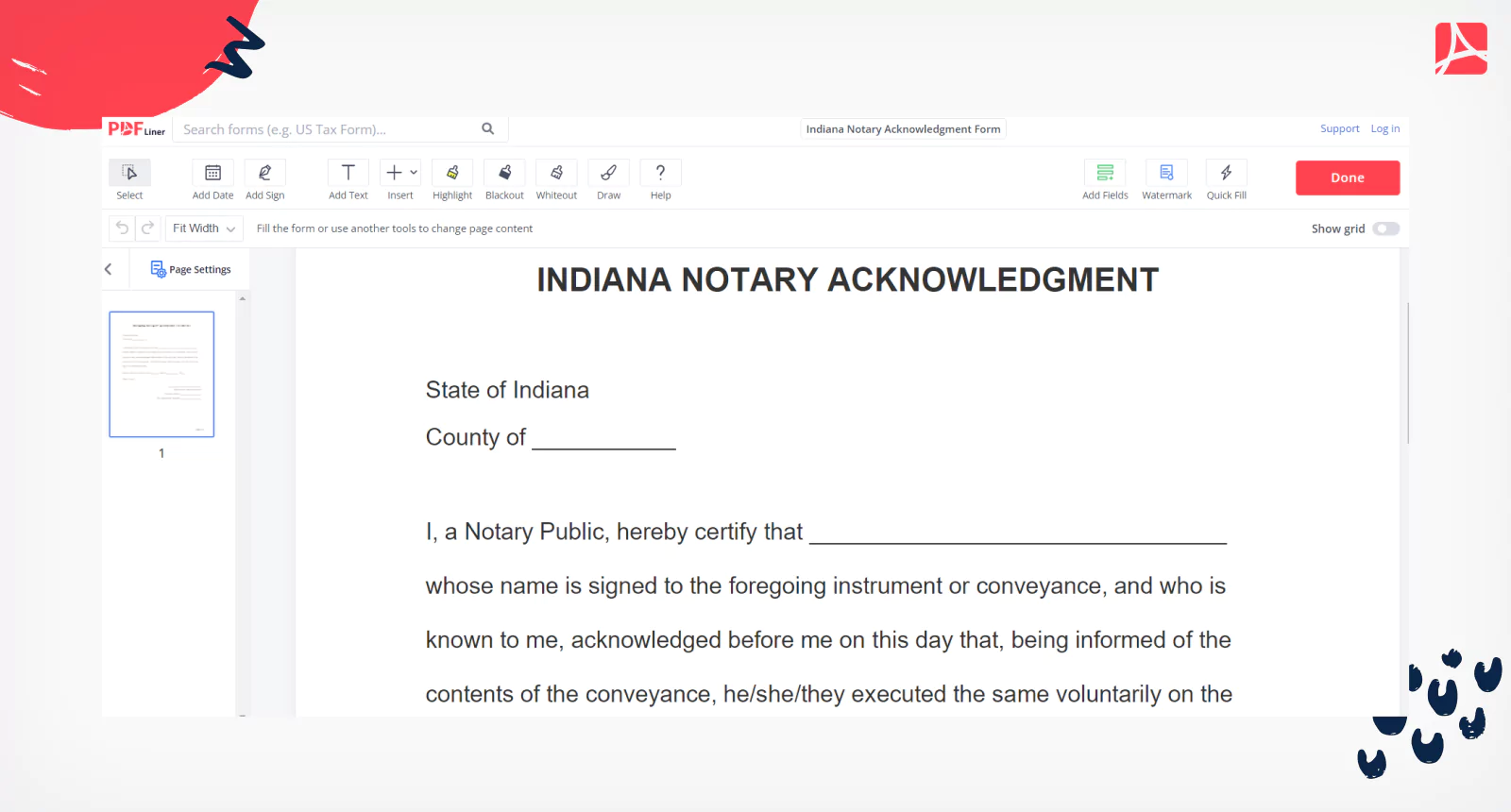 Indiana Notary Acknowledgment Form on PDFLiner