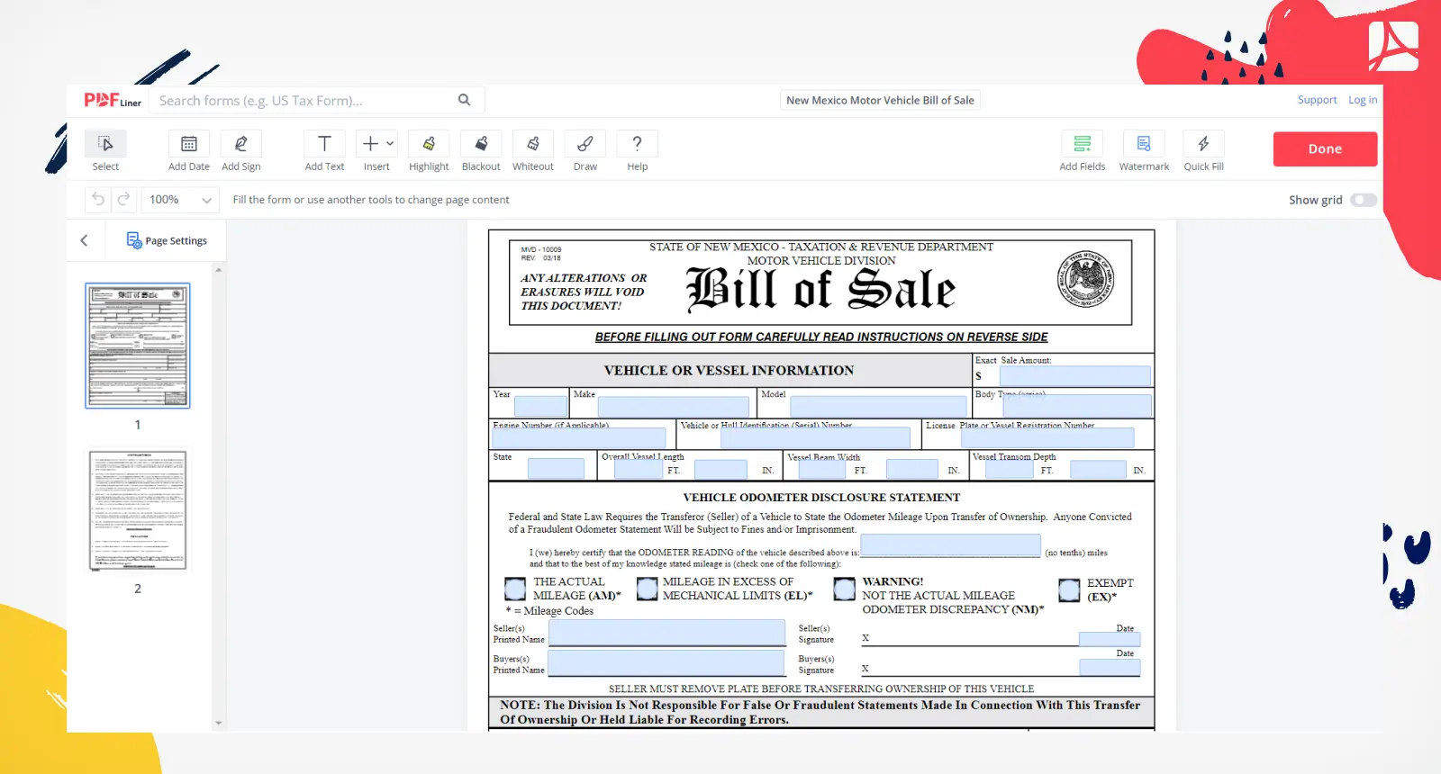 New Mexico Motor Vehicle Bill of Sale Form Screenshot