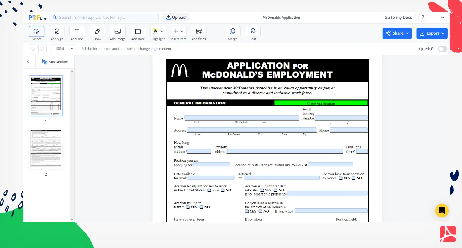 McDonalds Job Application Form Screenshot