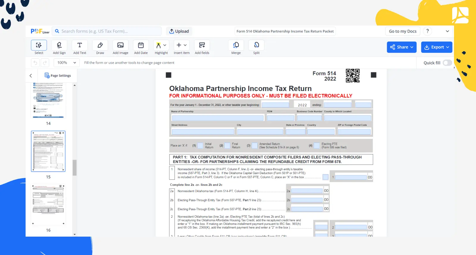 Form 514 Oklahoma Partnership Income Tax Return Packet Screenshot