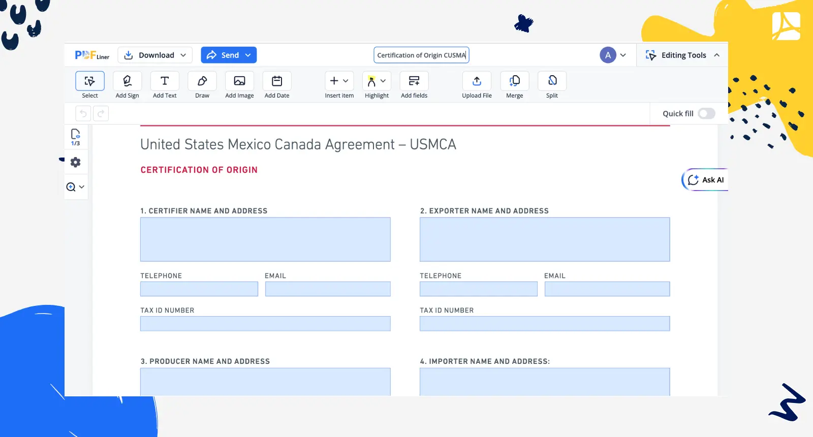 certification of origin cusma PDFliner screenshot