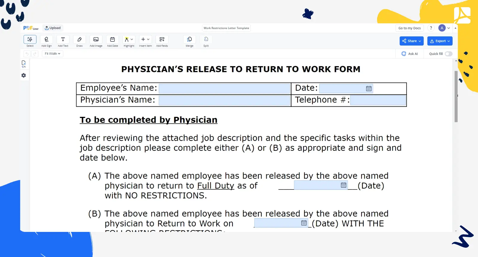 work restrictions letter screenshot