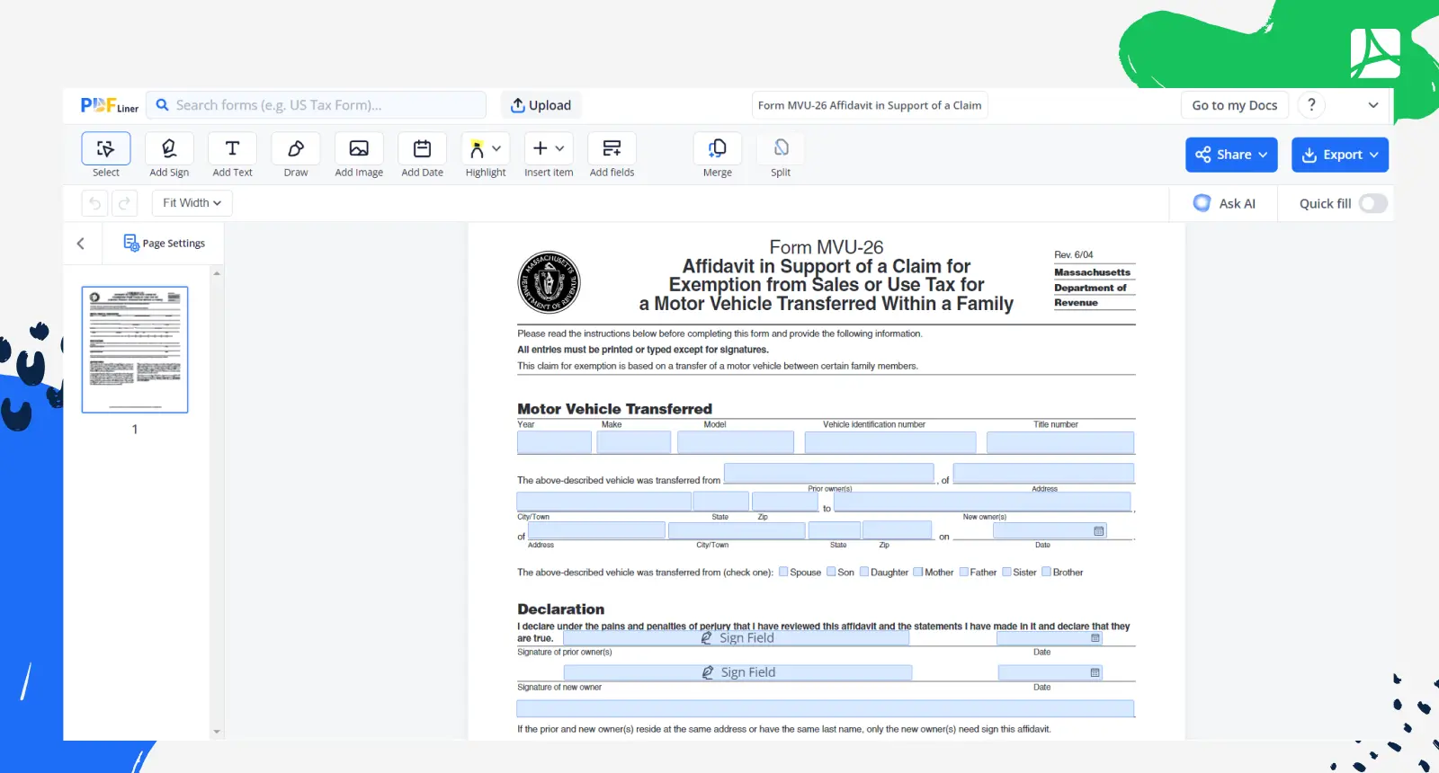Form MVU-26 Affidavit in Support of a Claim Screenshot