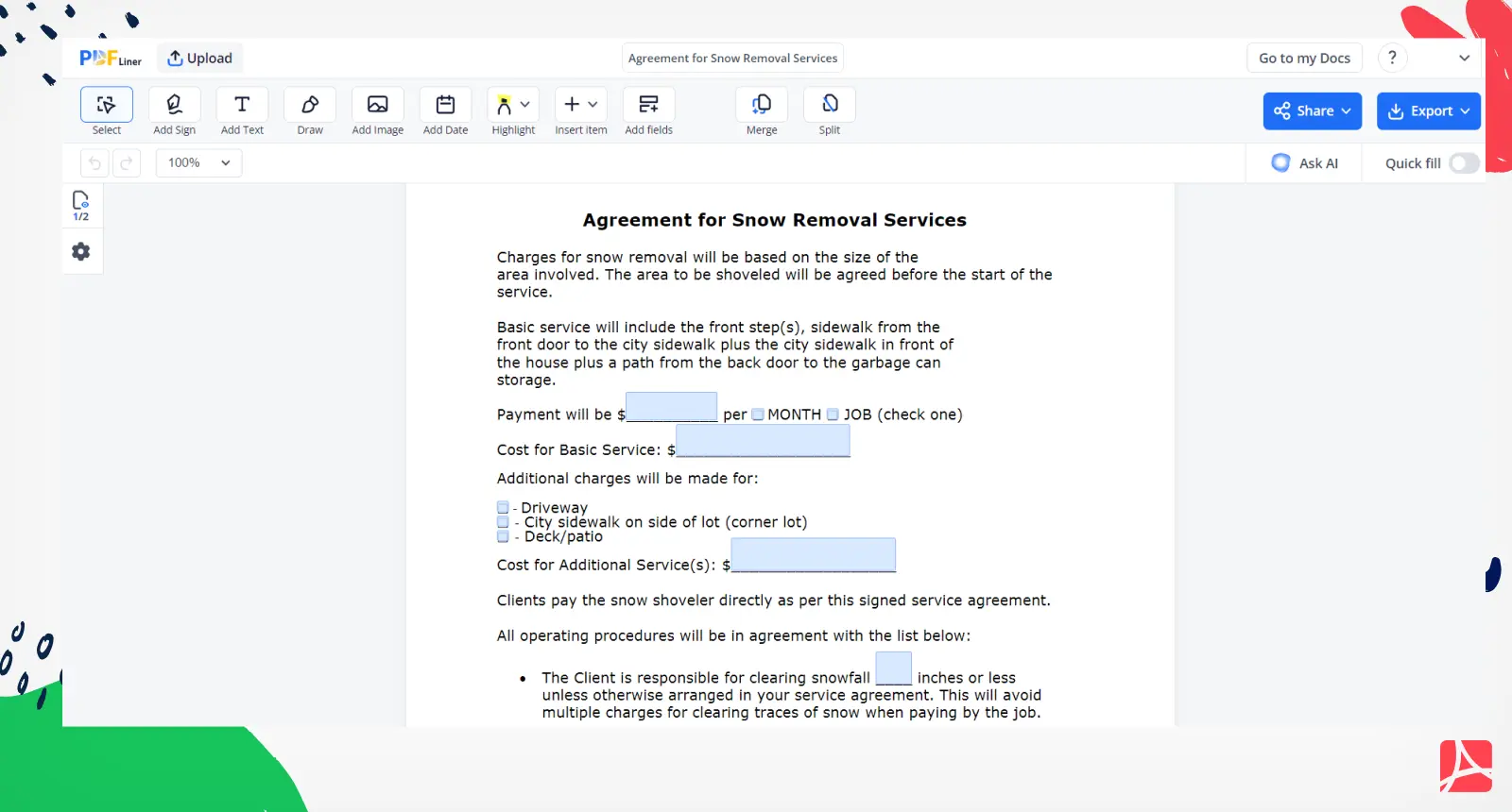 Agreement for Snow Removal Services template