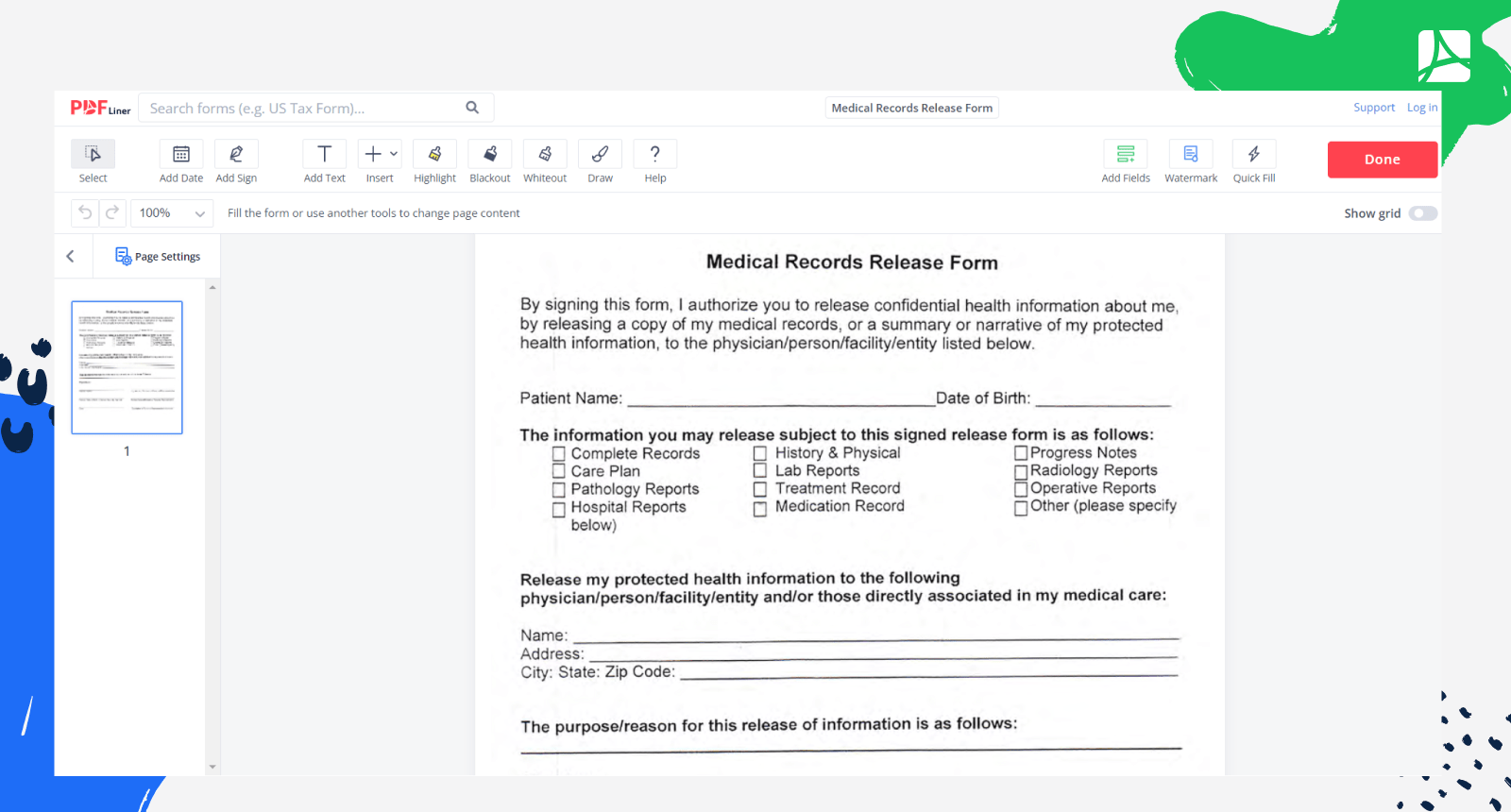 Medical Records Release Form Screenshot