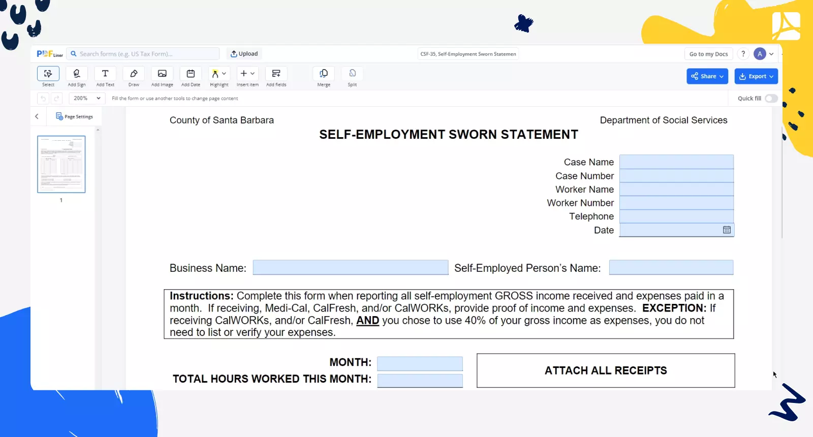 CSF-35, Self-Employment Sworn Statemen screenshot