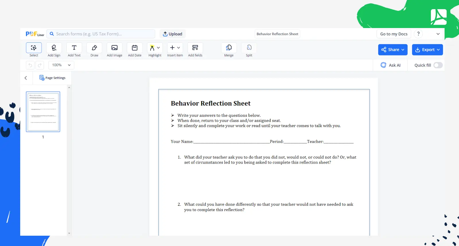 Behavior Reflection Sheet Screenshot