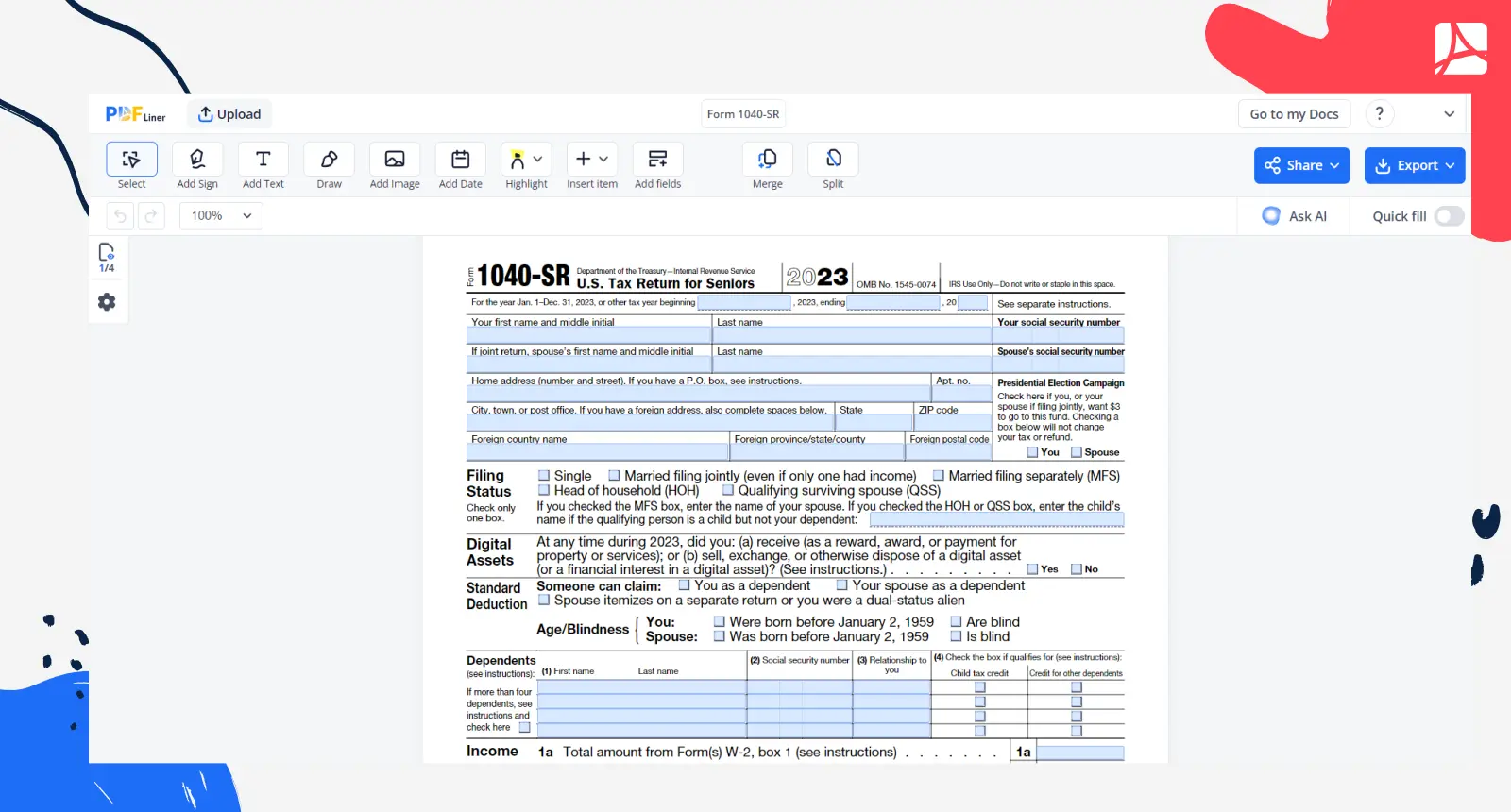 fillable 1040-SR form in PDFLiner editor
