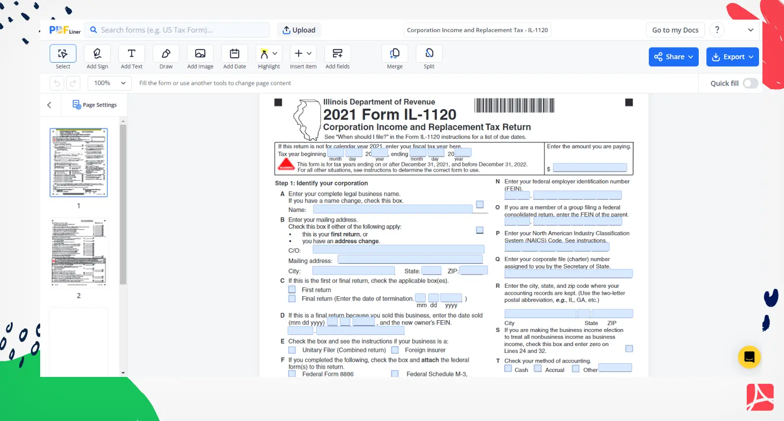 2021 Form IL-1120 Screenshot