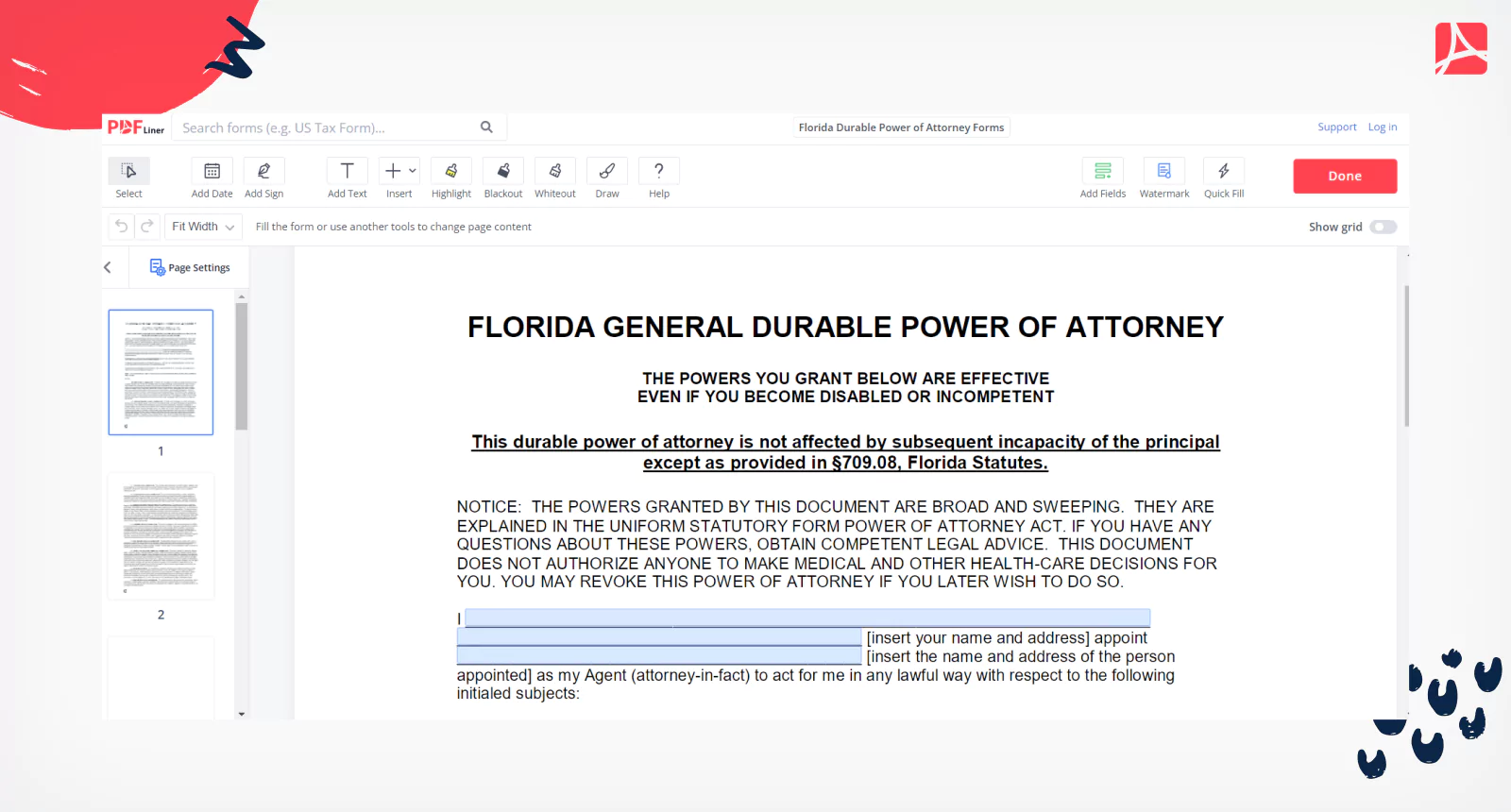 Florida Durable Power of Attorney Forms on PDFLiner