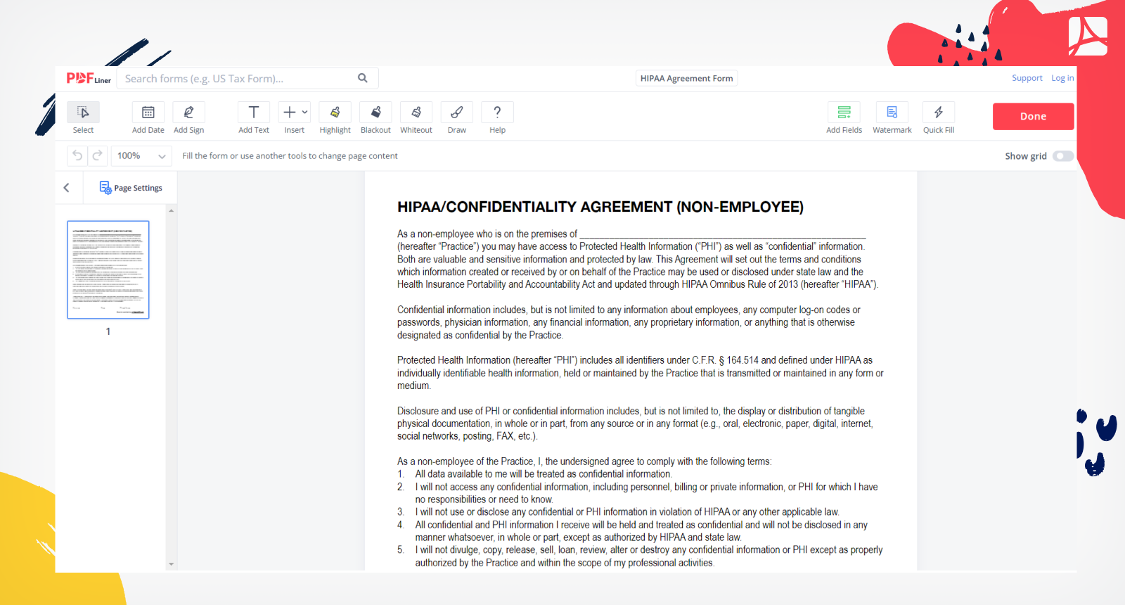 HIPAA Agreement Form Screenshot