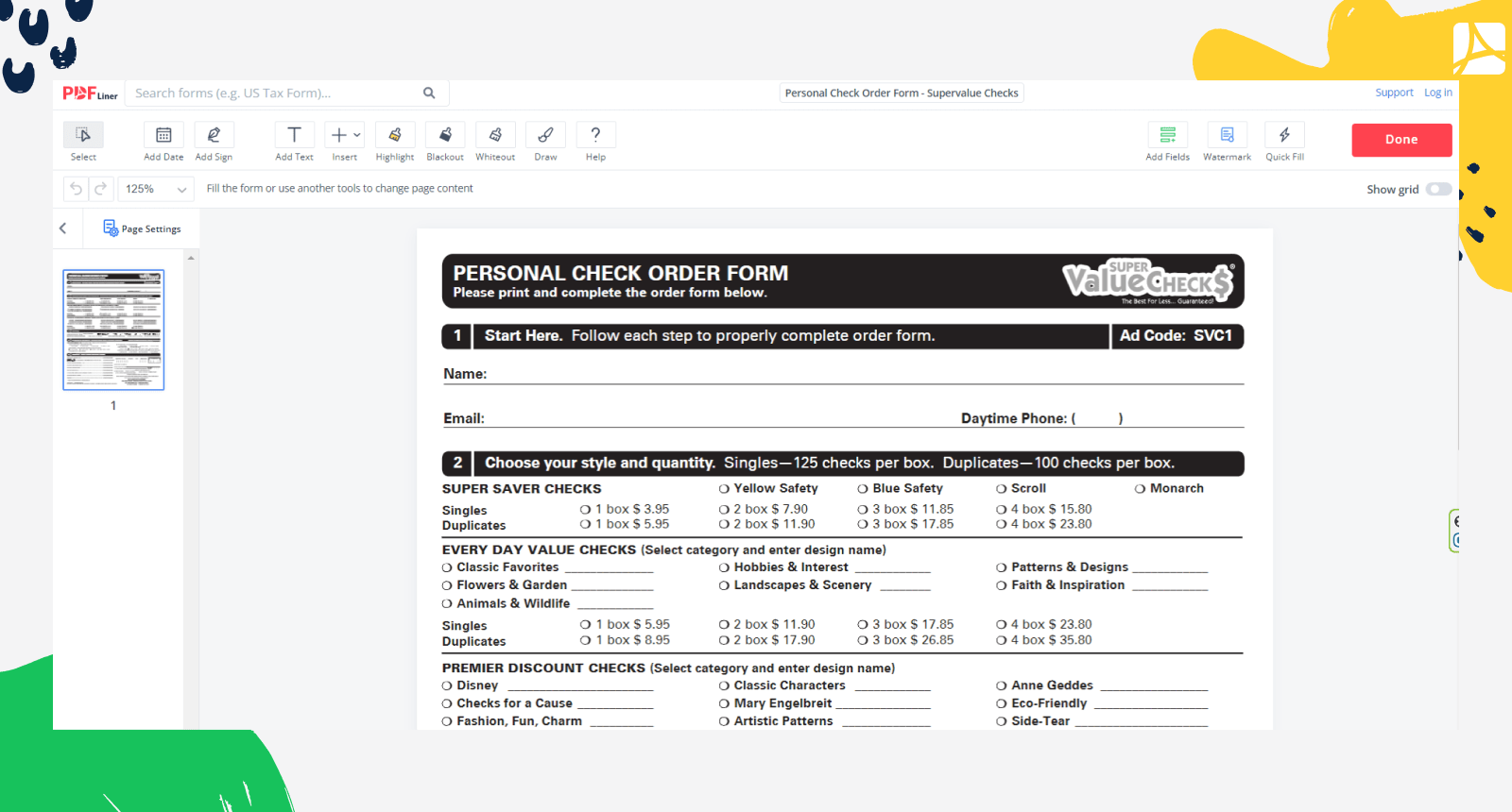 Personal Check Order Form on PDFLiner
