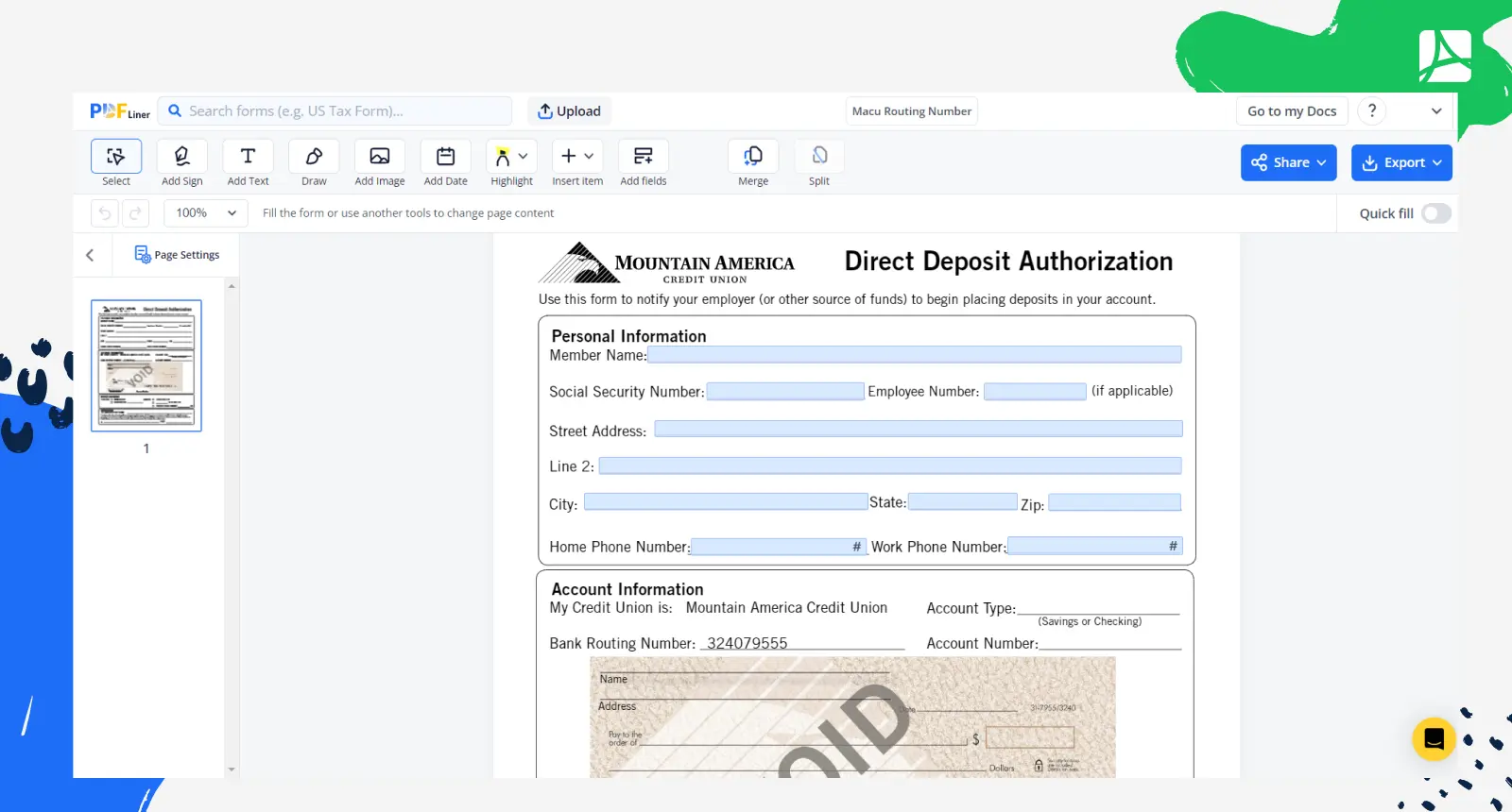 MACU Direct Deposit Form Screenshot