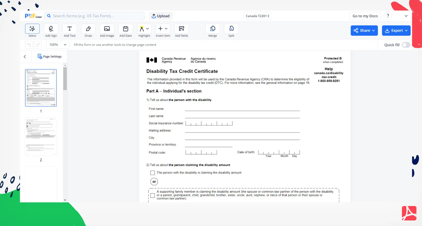 Canada T2201 E Form Screenshot