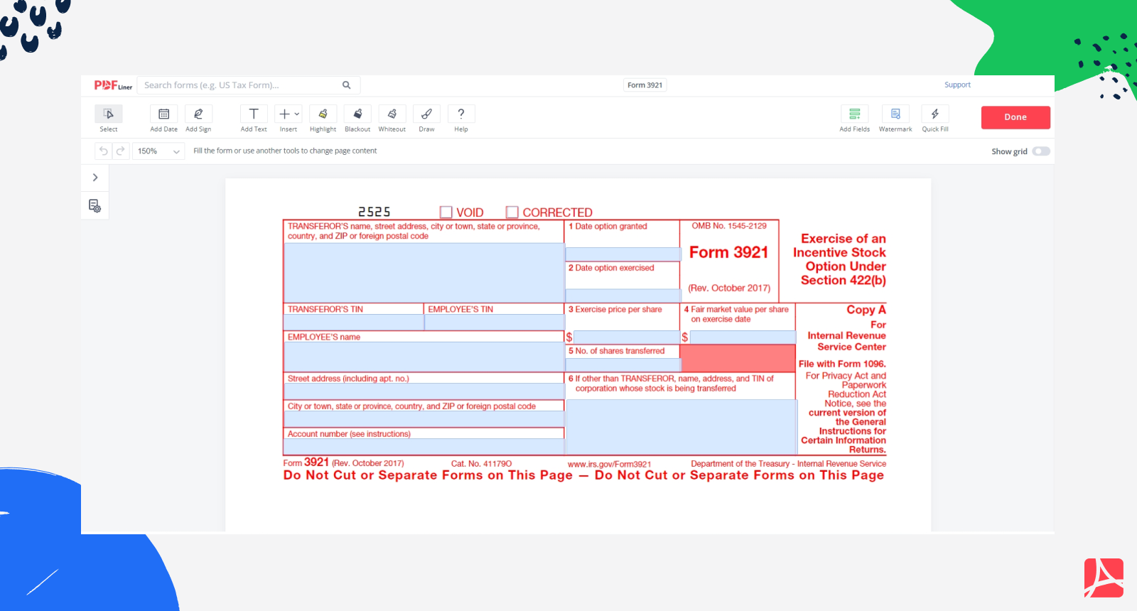 Form 3921 in PDFLiner screenshot