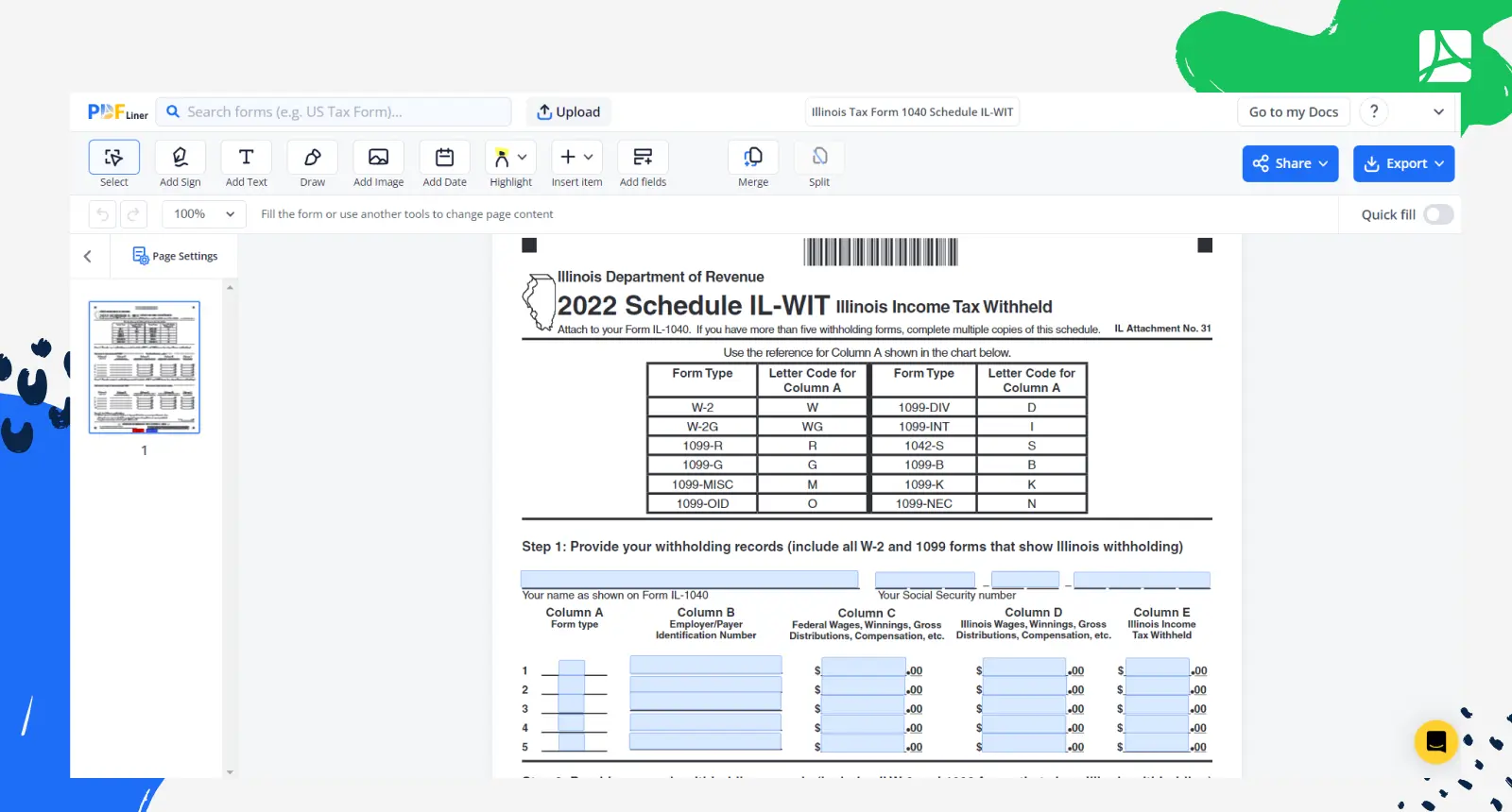 Illinois Tax Form 1040 Schedule IL-WIT Screenshot