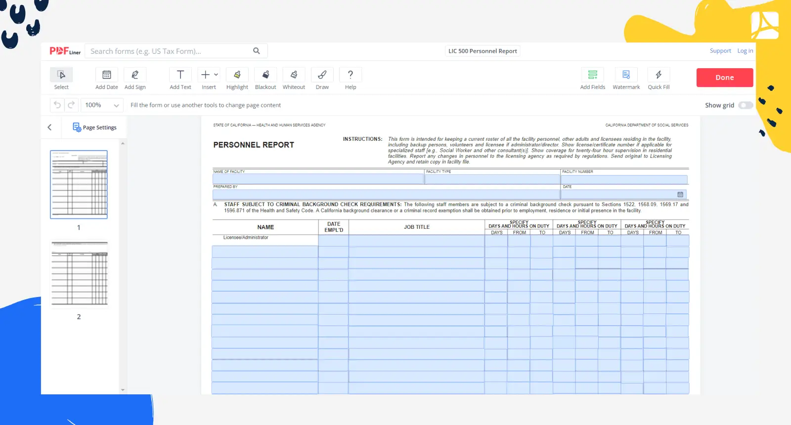 LIC 500 Personnel Report Form Screenshot