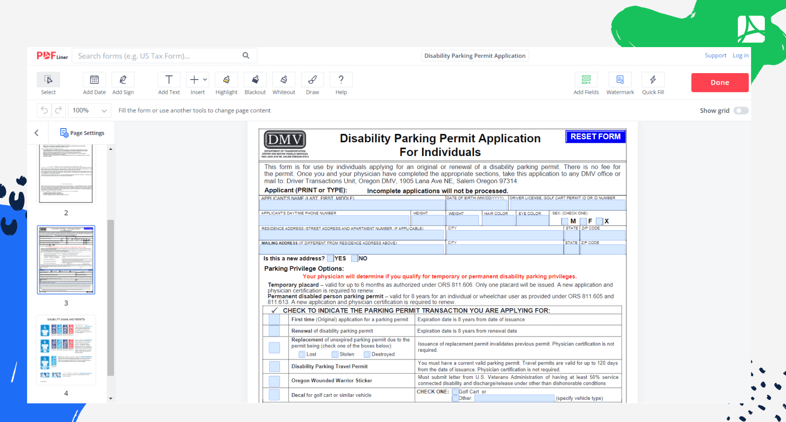 Disability Parking Permit Application Form Screenshot