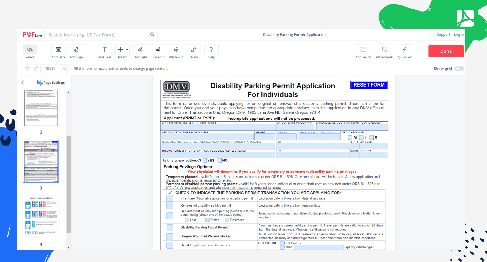 Disability Parking Permit Application PDFliner