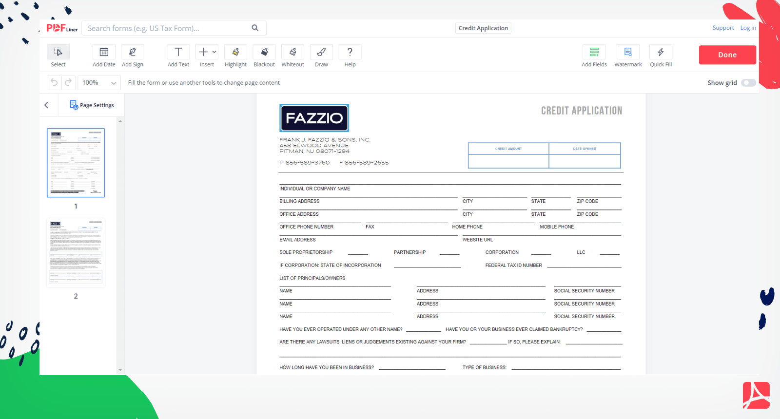 Credit Application Form Screenshot