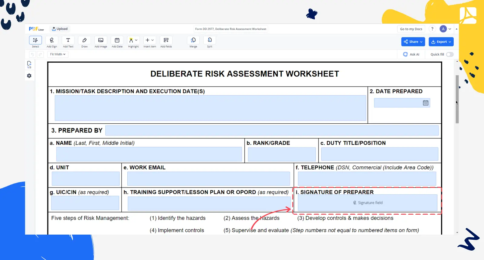 DD Form 2977 PDF: Army Deliberate Risk Assessment Worksheet — PDFLiner