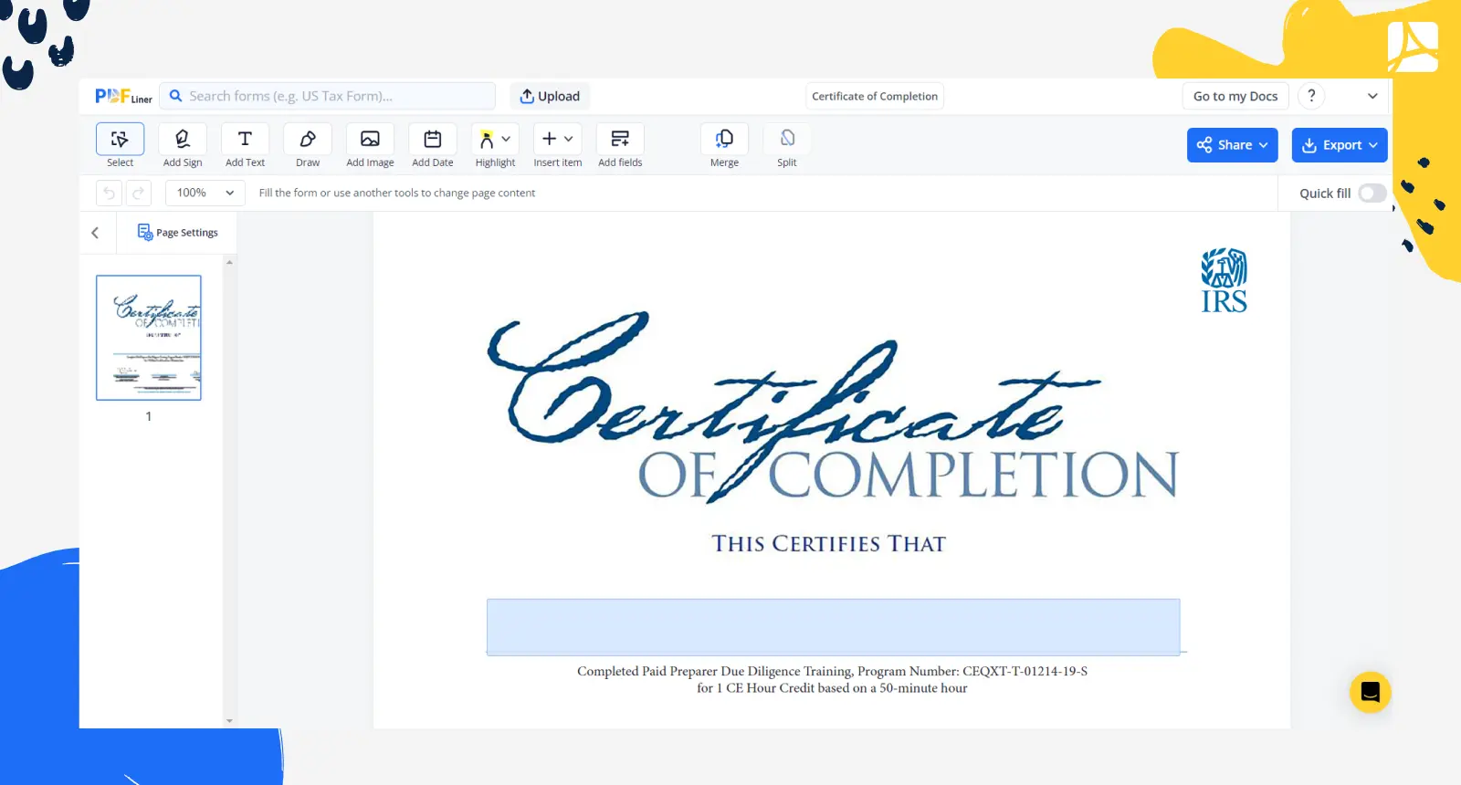 Certificate of Completion Form Screenshot