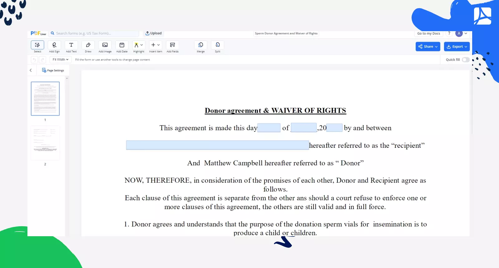 Sperm Donor Agreement and Waiver of Rights screenshot