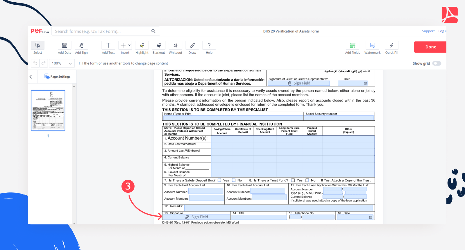 DHS 20 Verification of Assets Form screenshot Step 3
