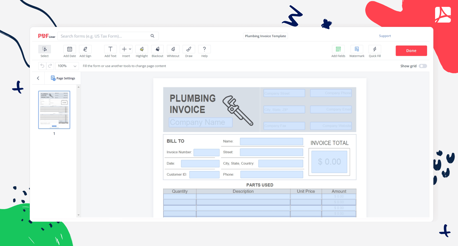 blank plumbing invoice pdf screenshot
