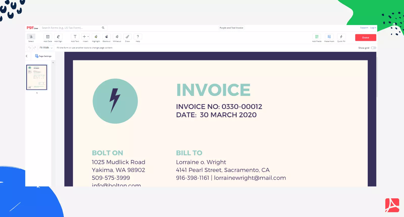 Purple and Teal Invoice on PDFliner