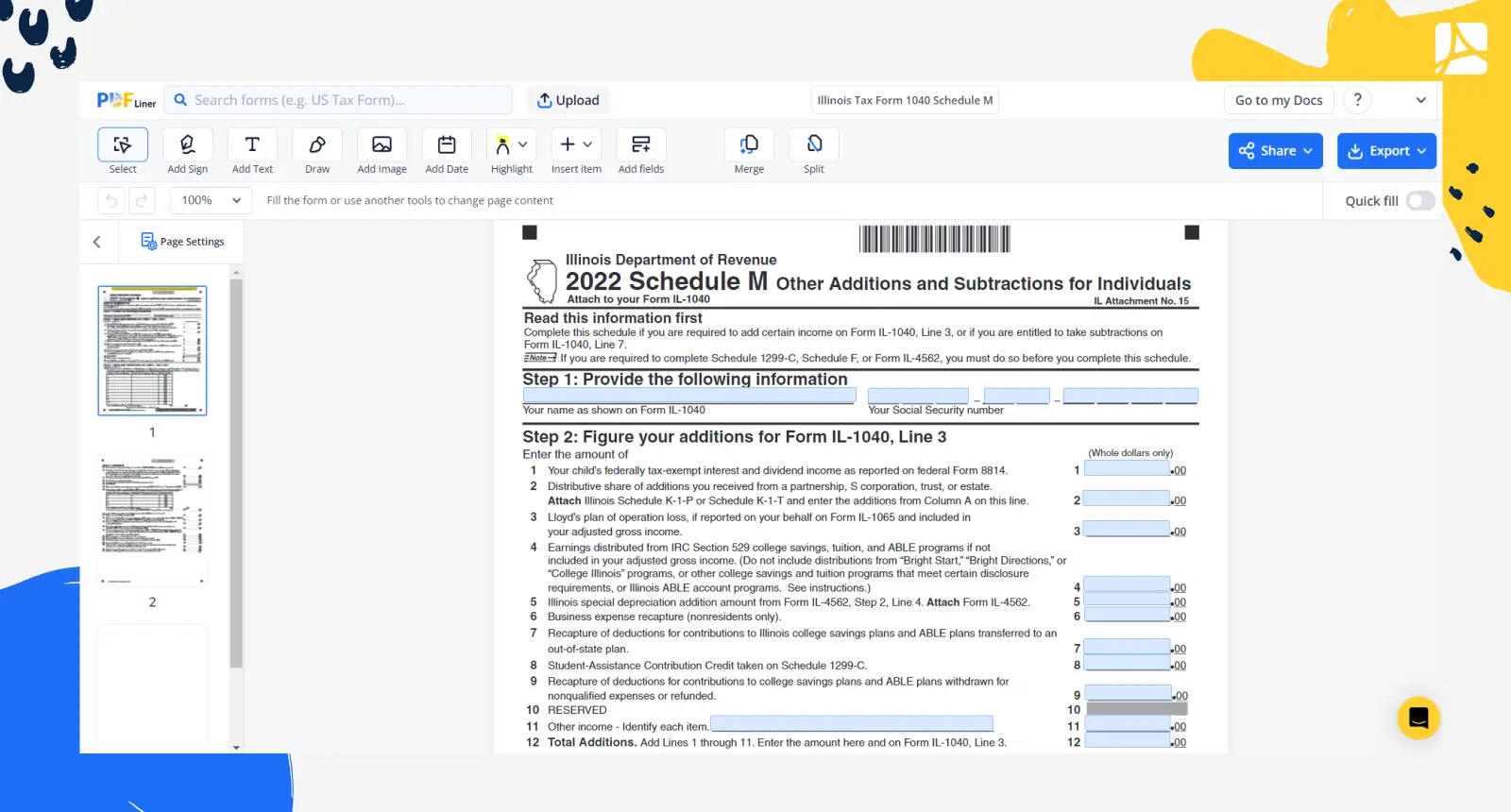 Illinois Tax Form 1040 Schedule M Screenshot