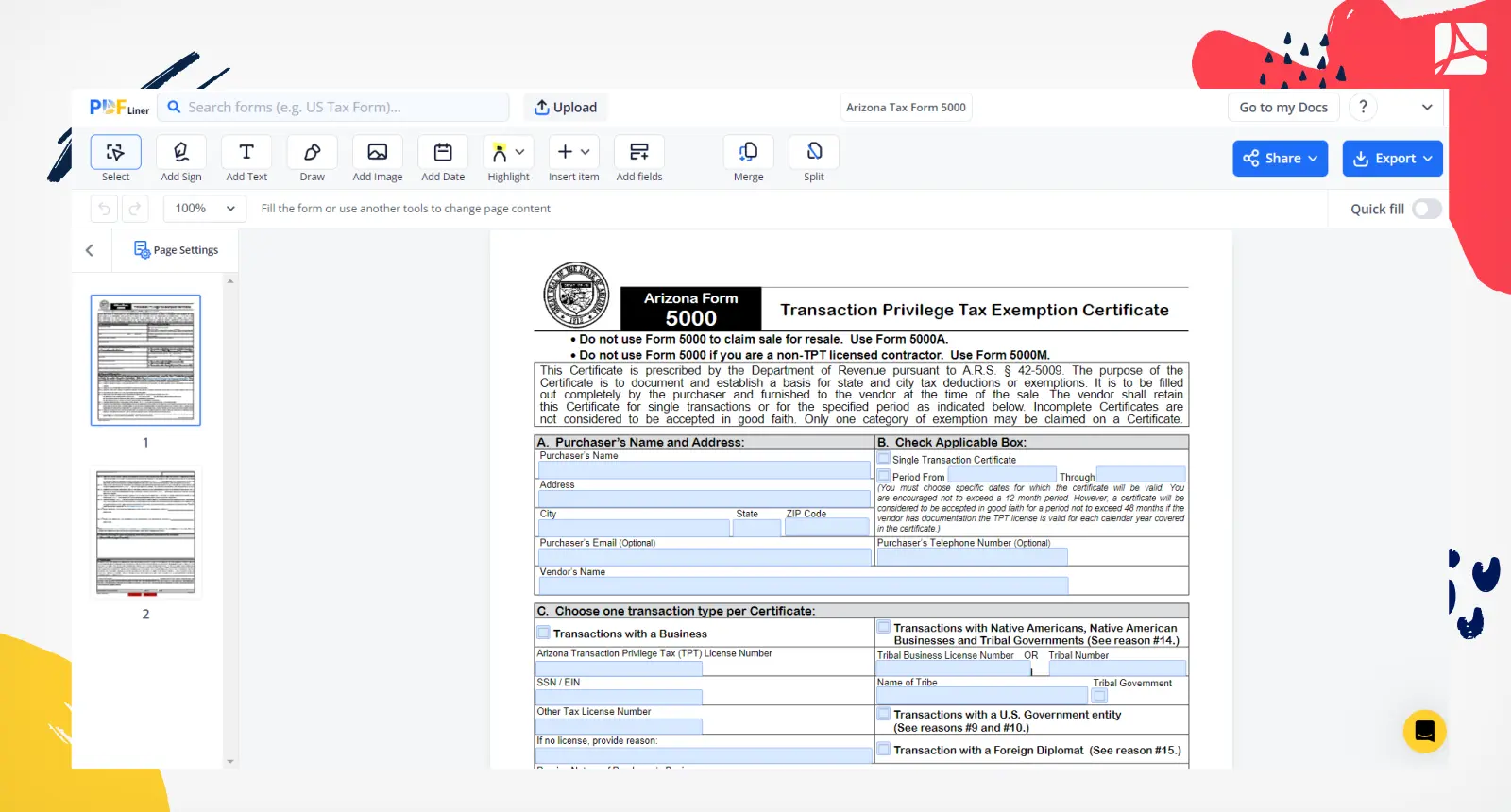 Arizona Tax Form 5000 Screenshot