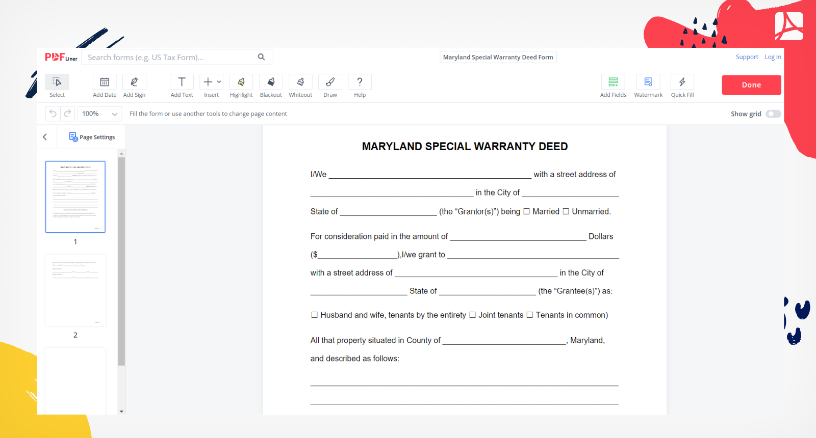 Maryland Special Warranty Deed Form Screenshot