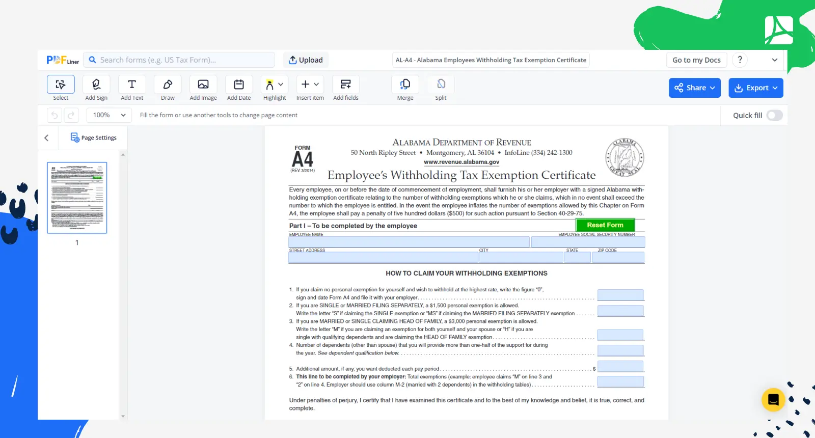 Alabama Employee’s Withholding Tax Exemption Certificate Screenshot