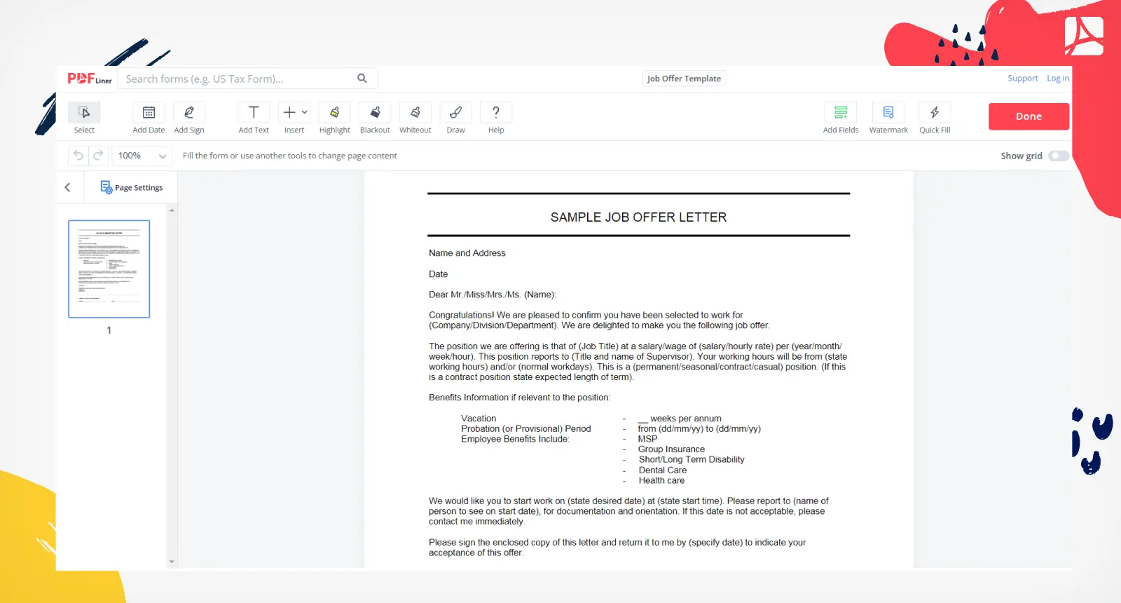 Job Offer Template Form Screenshot