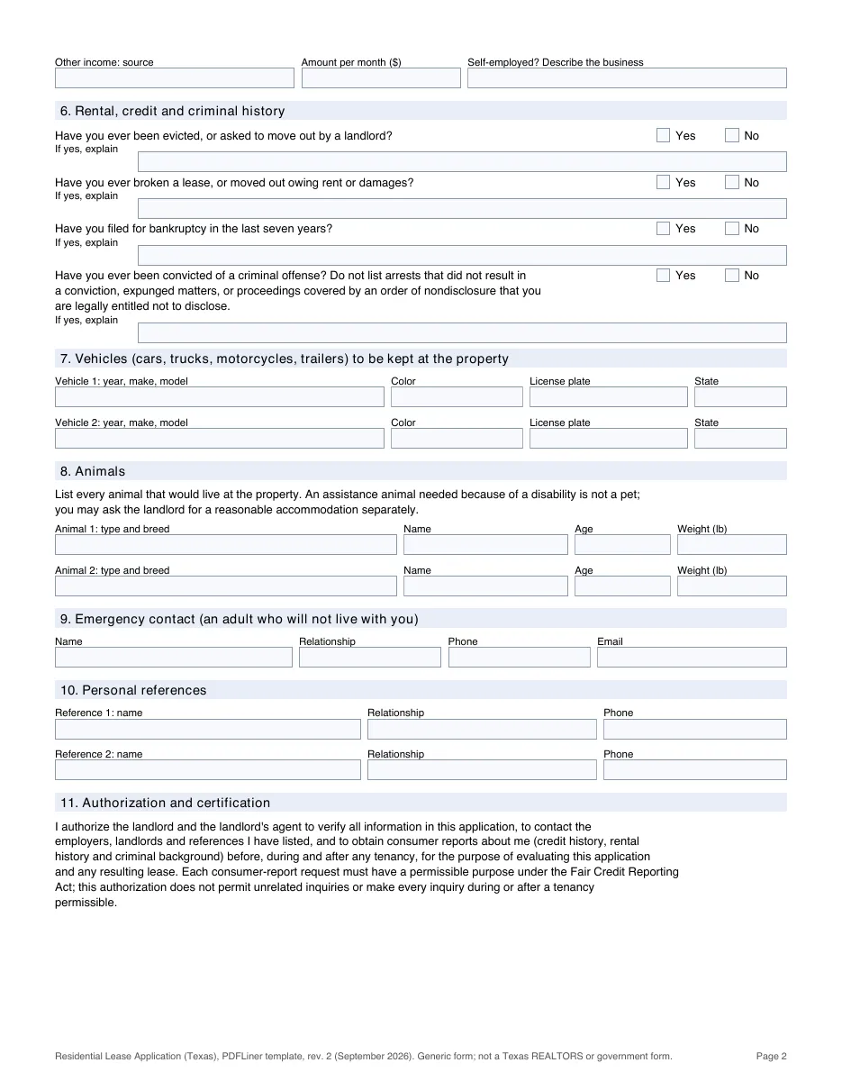 Texas residential lease application template, page 2 (PDFLiner)