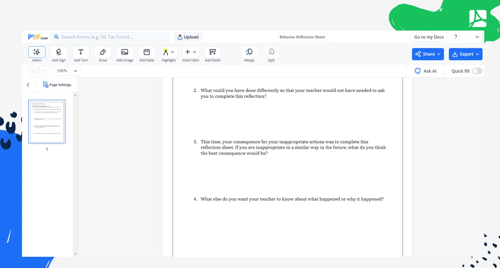 Behavior Reflection Sheet Form Screenshot