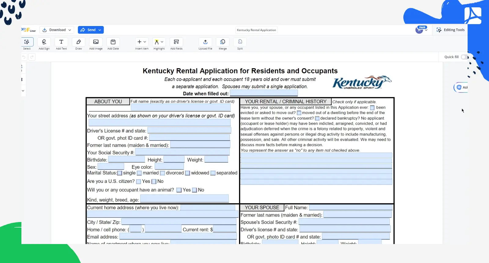 Kentucky Rental Application PDFLiner screenshot 