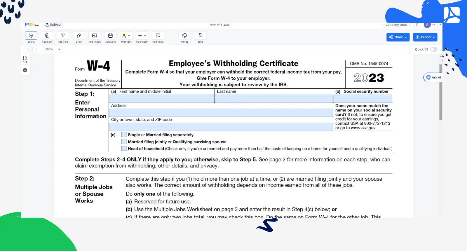 Form W-4 (2023) PDFLiner screenshot