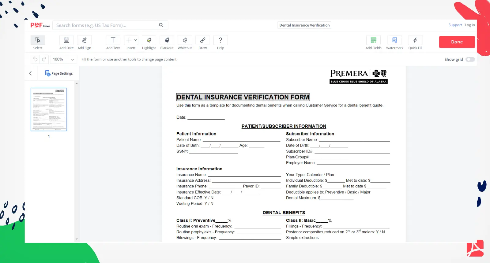 Dental Insurance Verification Form Screenshot