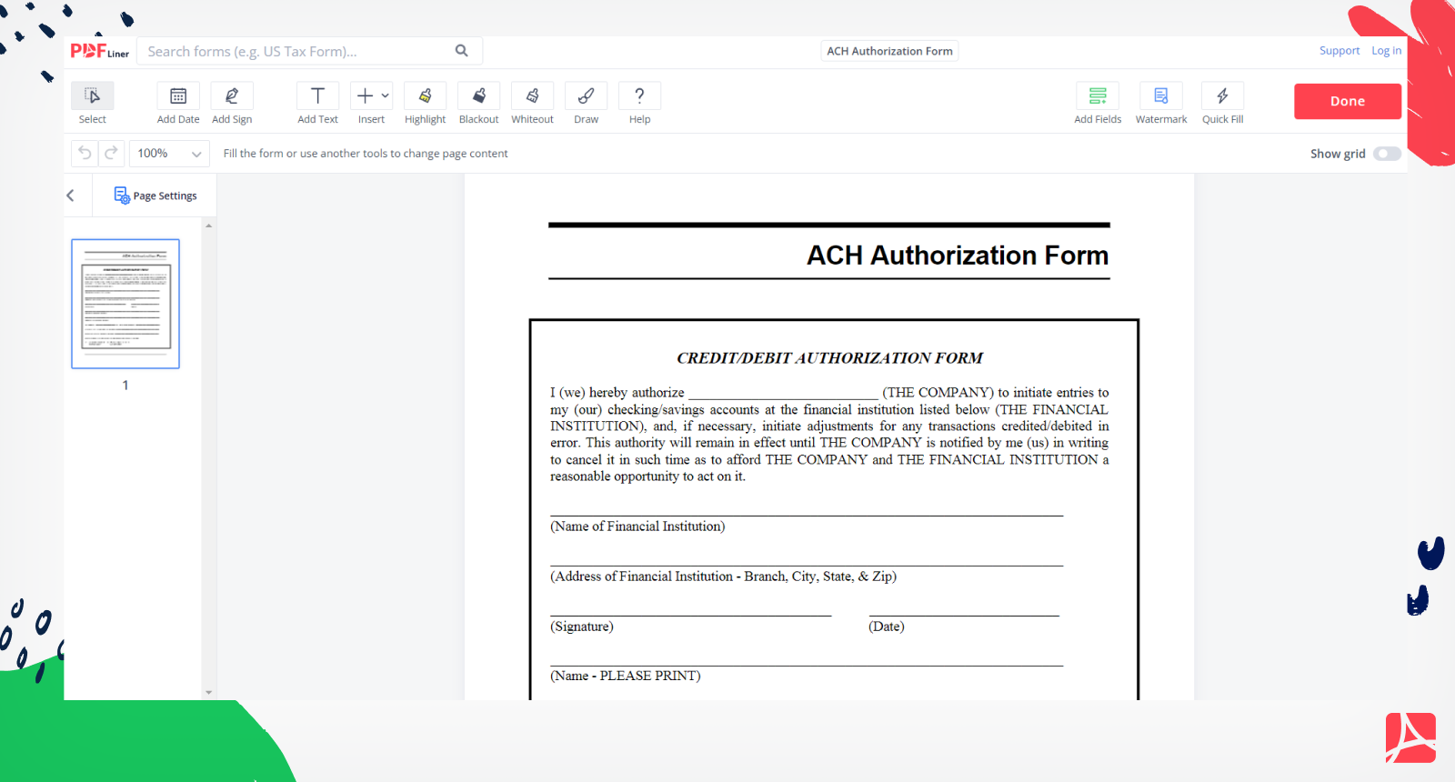ACH Authorization Form Screenshot