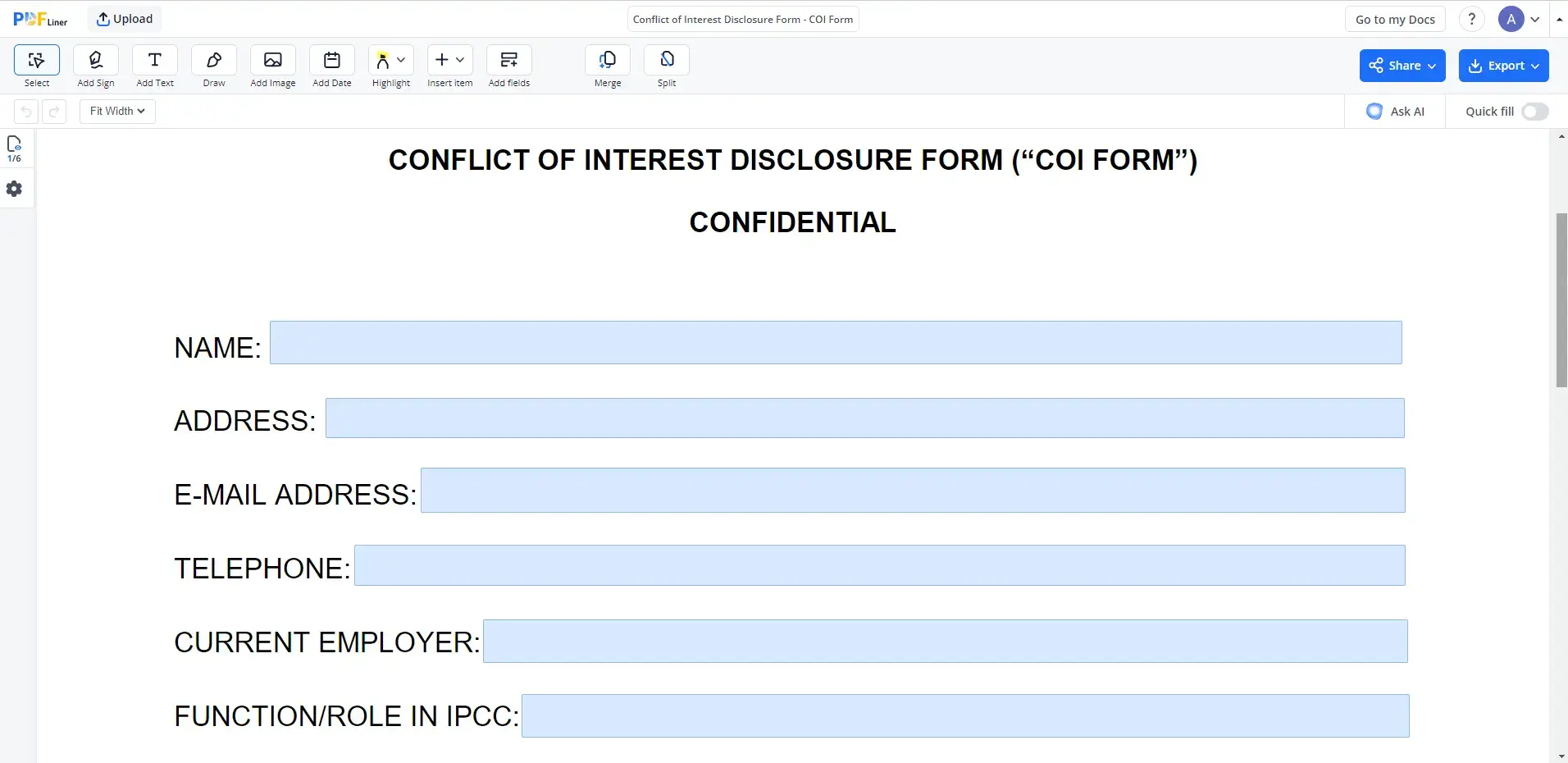 conflict of interest disclosure form screenshot