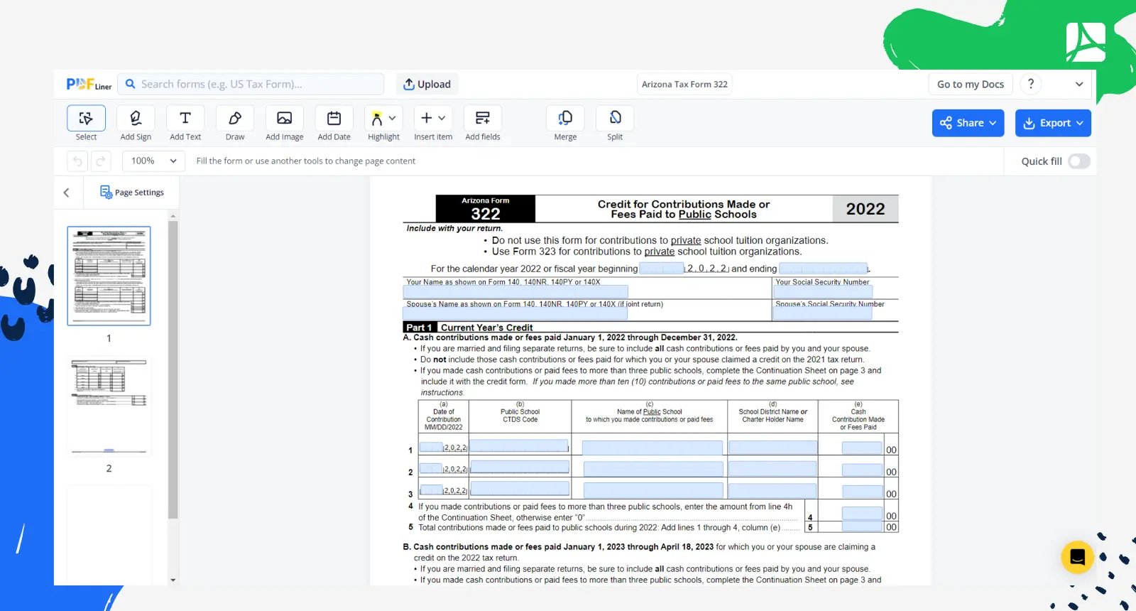 Arizona Tax Form 322 Screenshot
