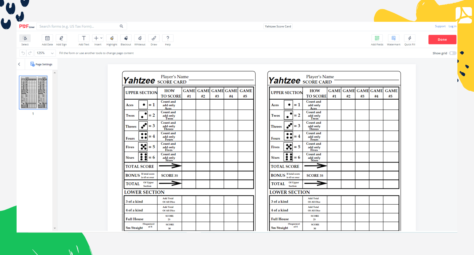 Yahtzee Score Card on PDFLiner