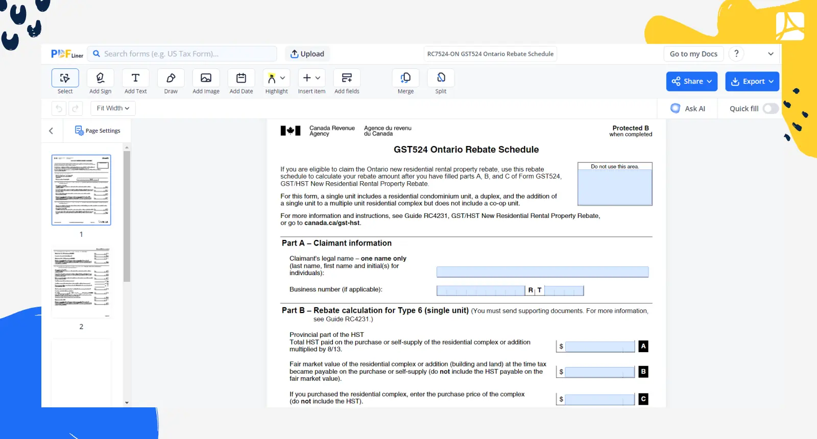 RC7524-ON GST524 Ontario Rebate Schedule Screenshot