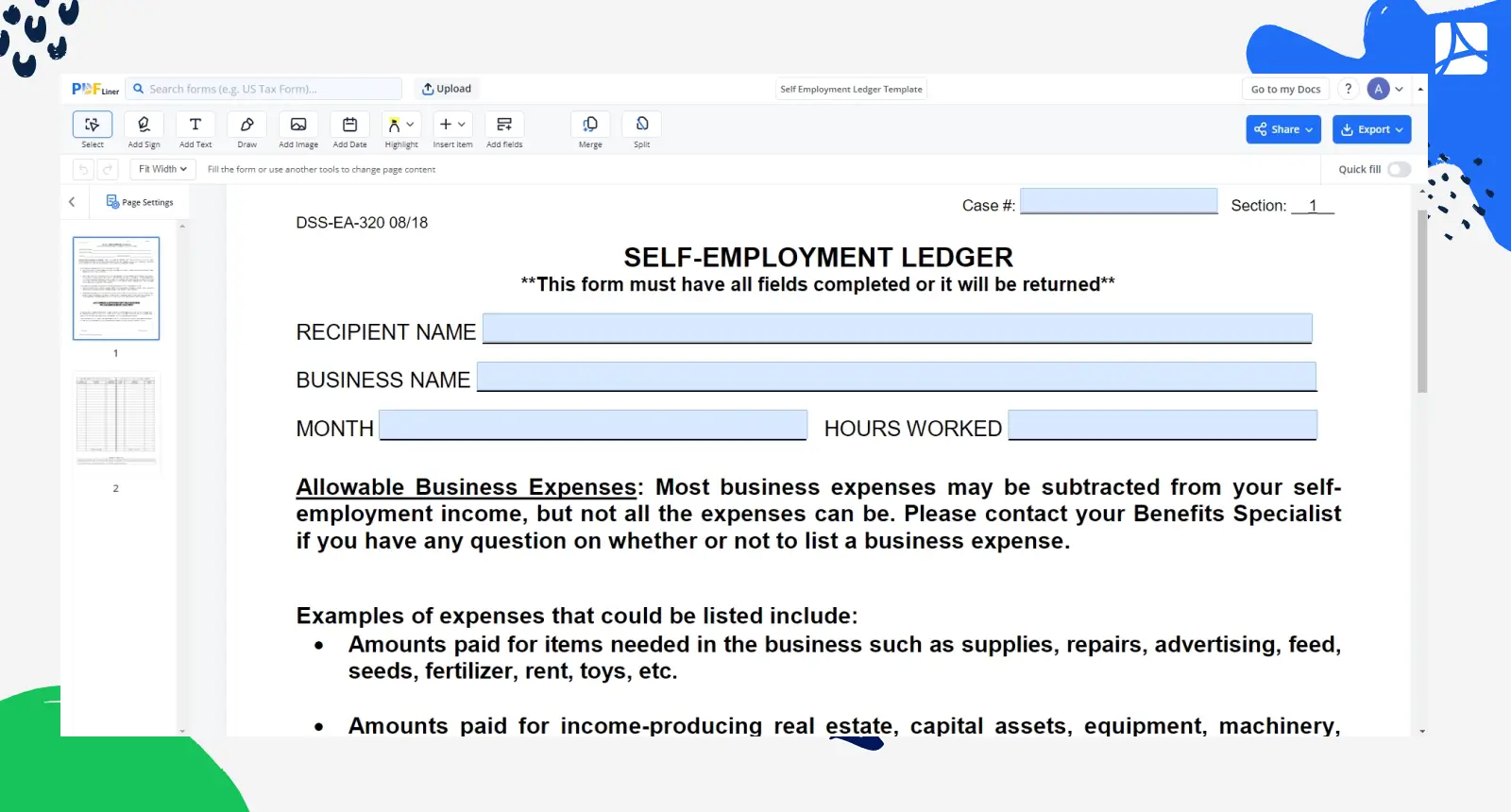 Self Employment Ledger Template Screenshot